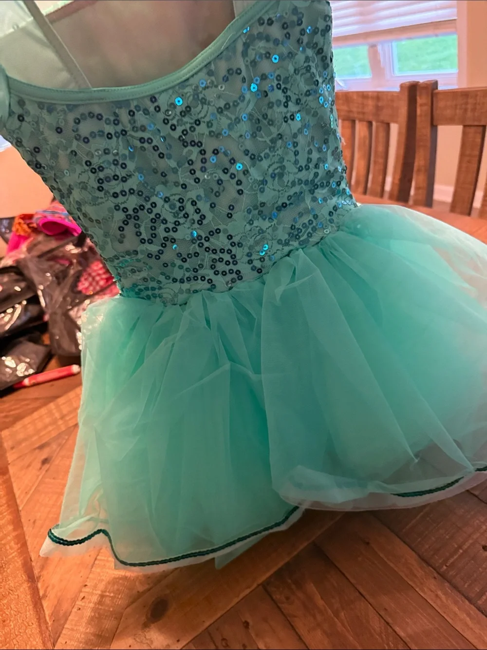 Weissman Teal Sequin Floral Tulle Dance Dress